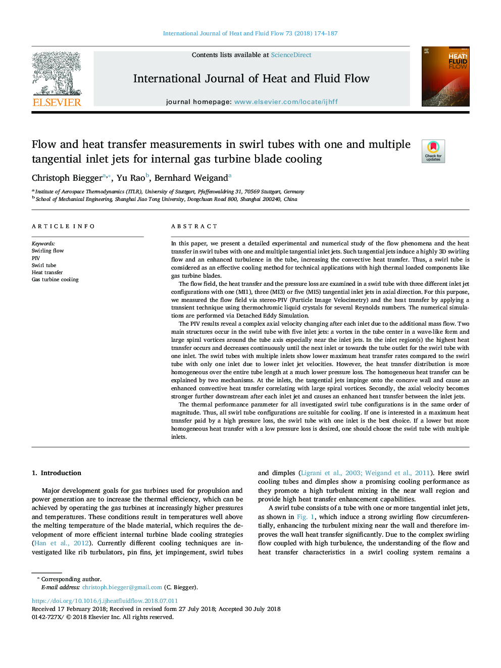 Flow and heat transfer measurements in swirl tubes with one and multiple tangential inlet jets for internal gas turbine blade cooling