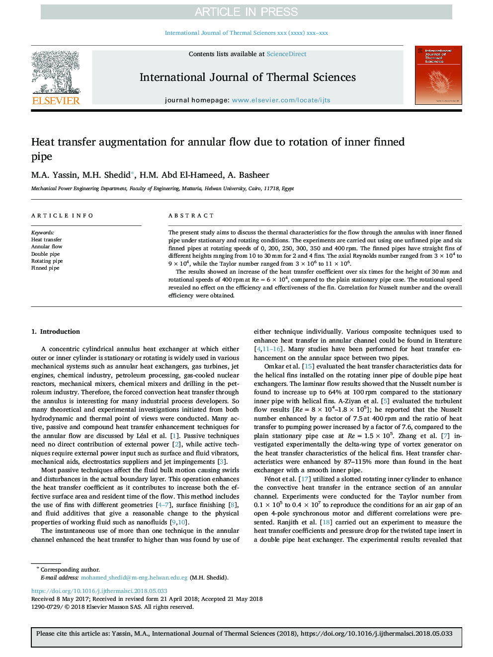 Heat transfer augmentation for annular flow due to rotation of inner finned pipe