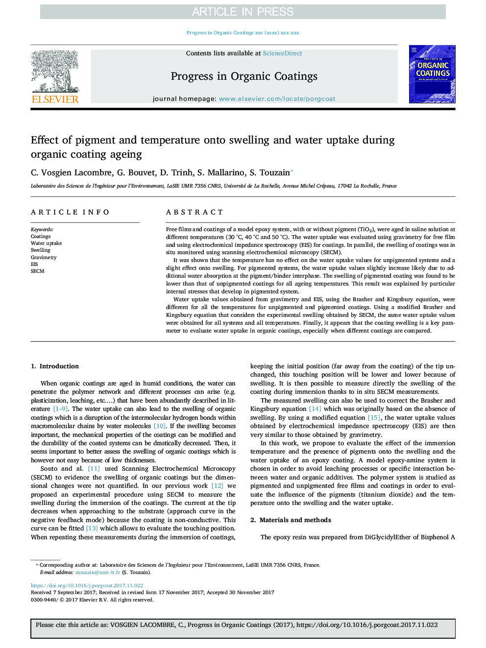 Effect of pigment and temperature onto swelling and water uptake during organic coating ageing