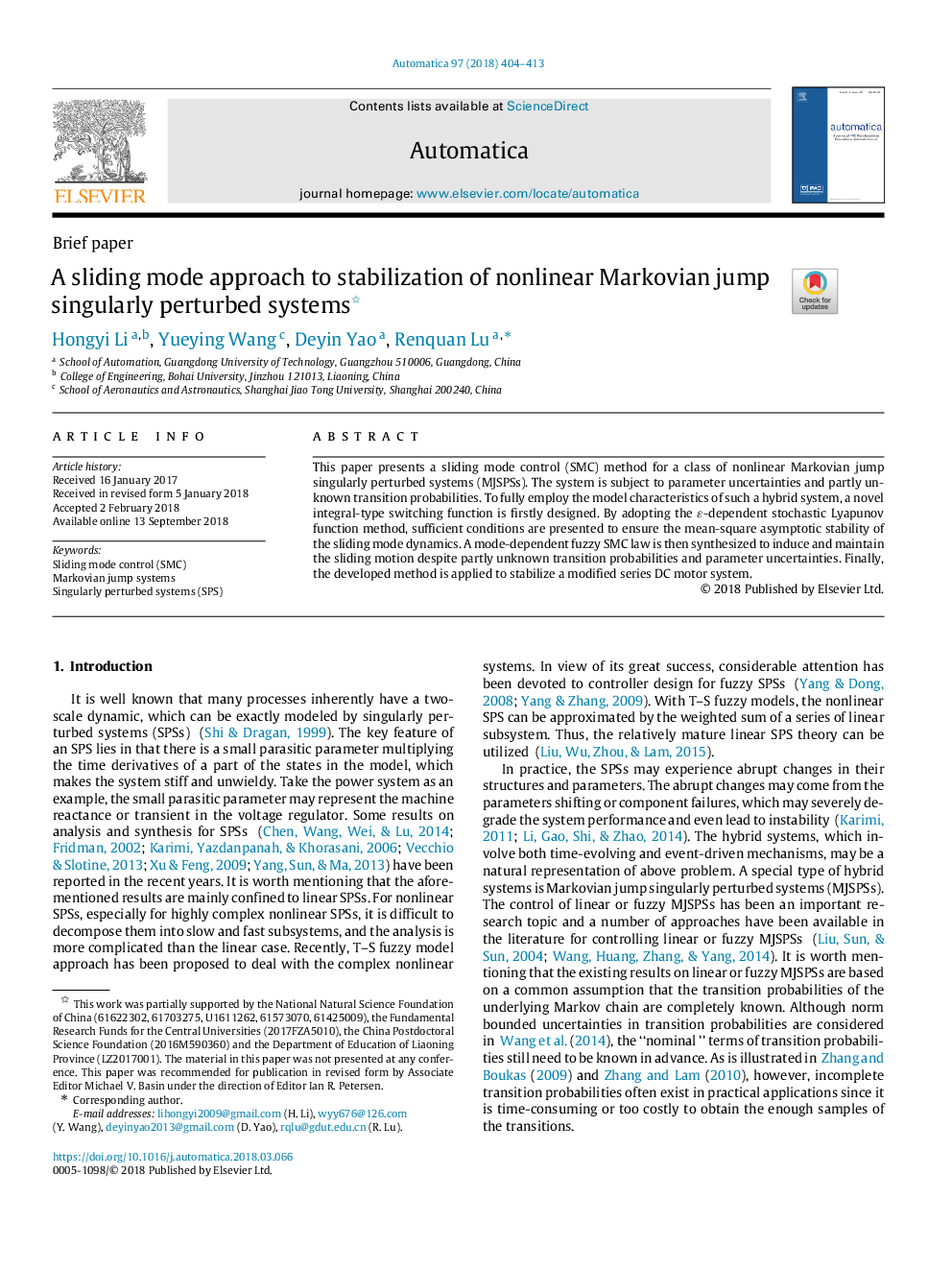 A sliding mode approach to stabilization of nonlinear Markovian jump singularly perturbed systems