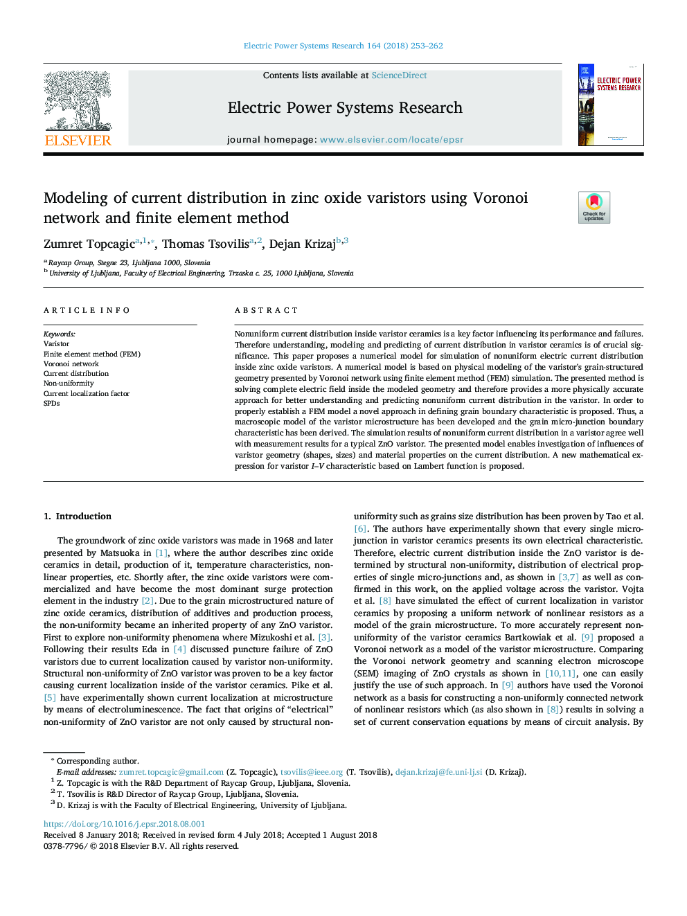 Modeling of current distribution in zinc oxide varistors using Voronoi network and finite element method