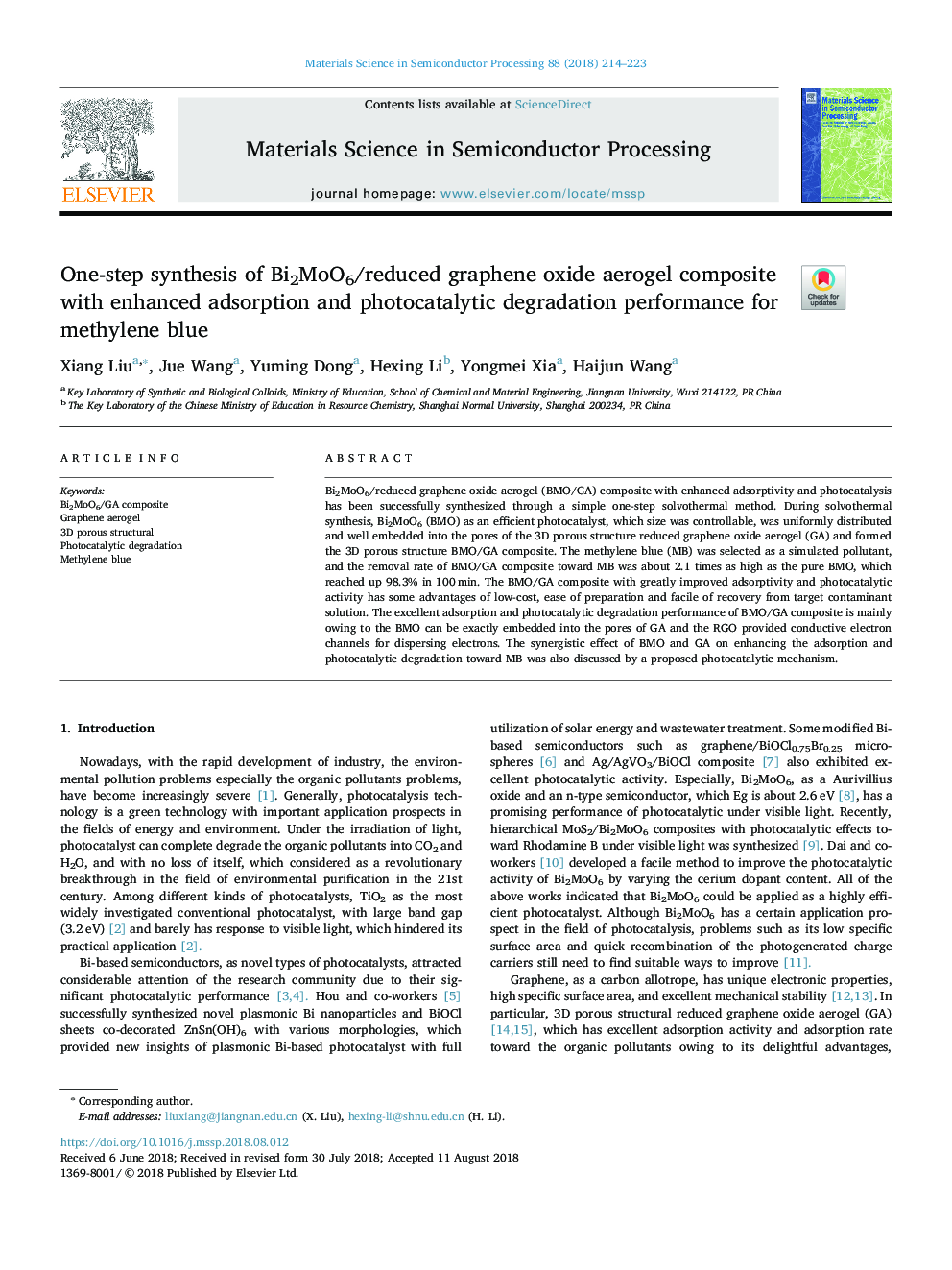 One-step synthesis of Bi2MoO6/reduced graphene oxide aerogel composite with enhanced adsorption and photocatalytic degradation performance for methylene blue