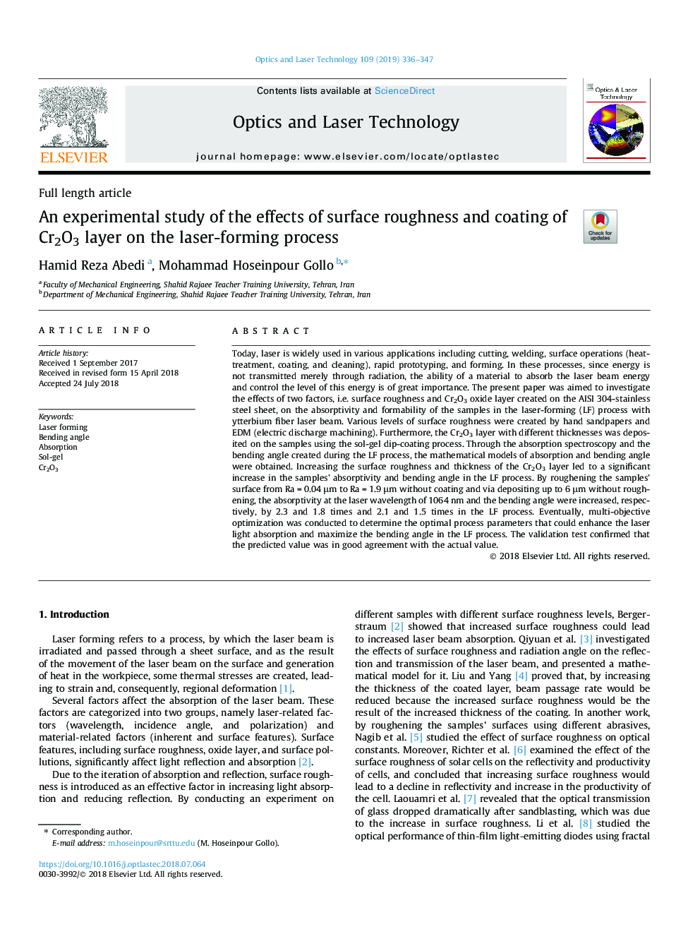 An experimental study of the effects of surface roughness and coating of Cr2O3 layer on the laser-forming process