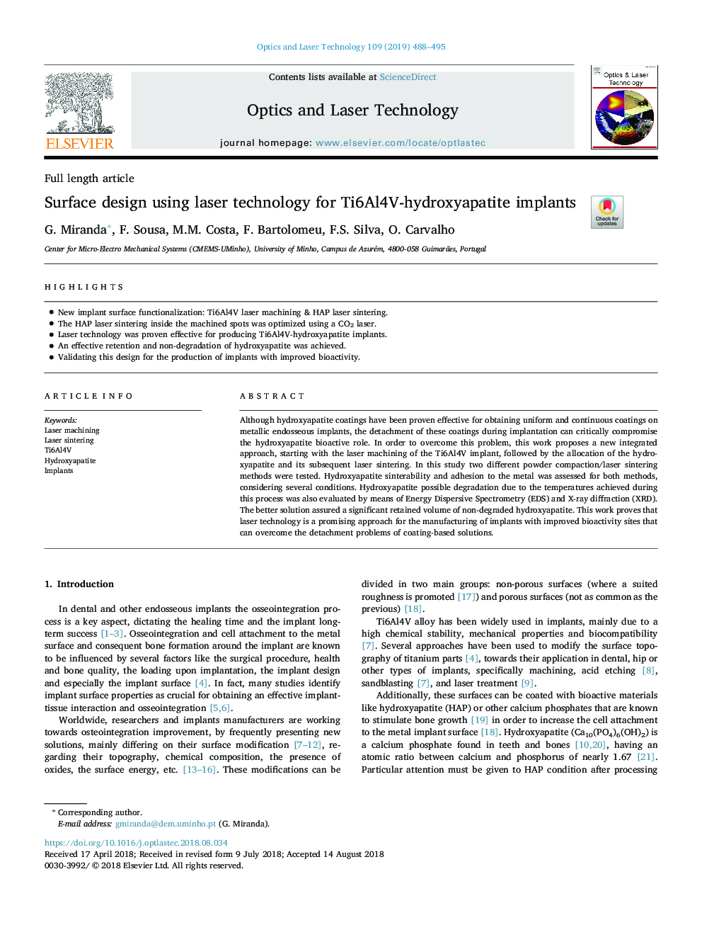 Surface design using laser technology for Ti6Al4V-hydroxyapatite implants