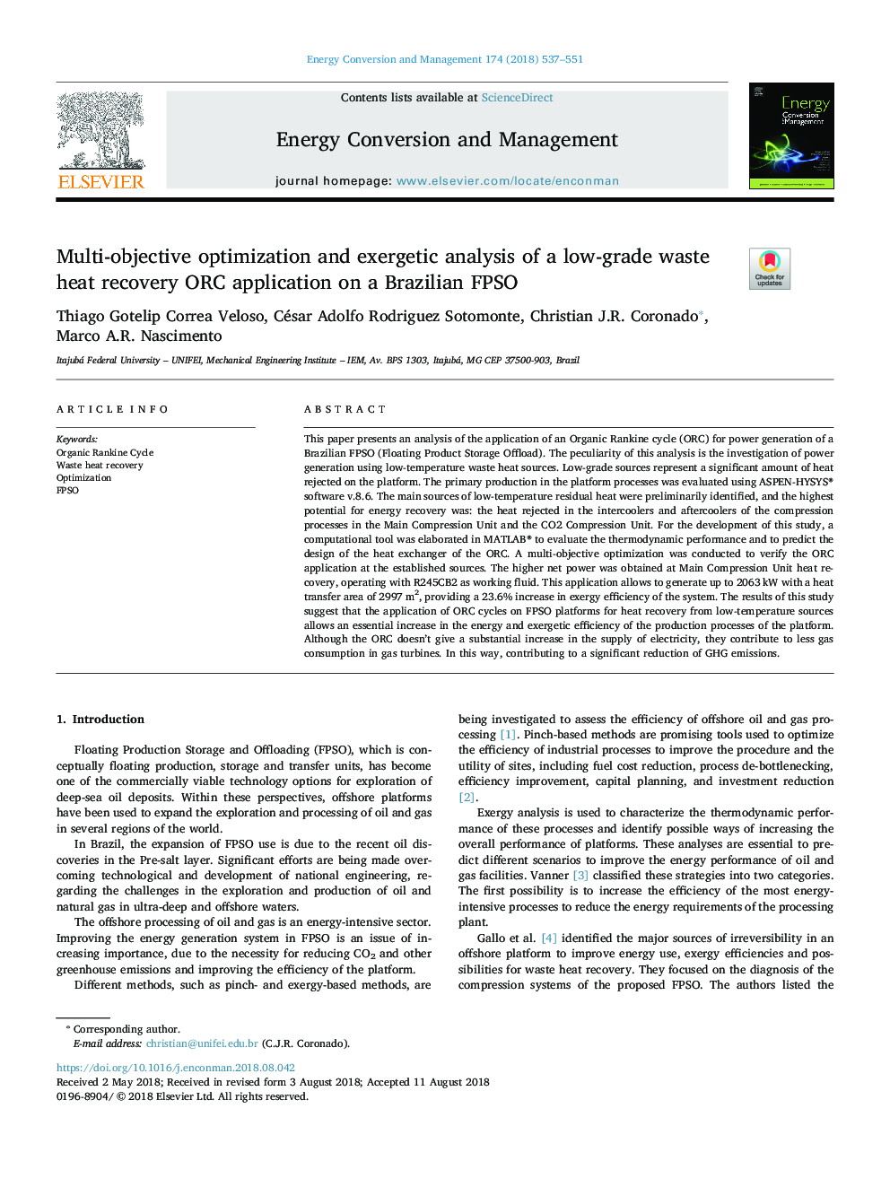 Multi-objective optimization and exergetic analysis of a low-grade waste heat recovery ORC application on a Brazilian FPSO