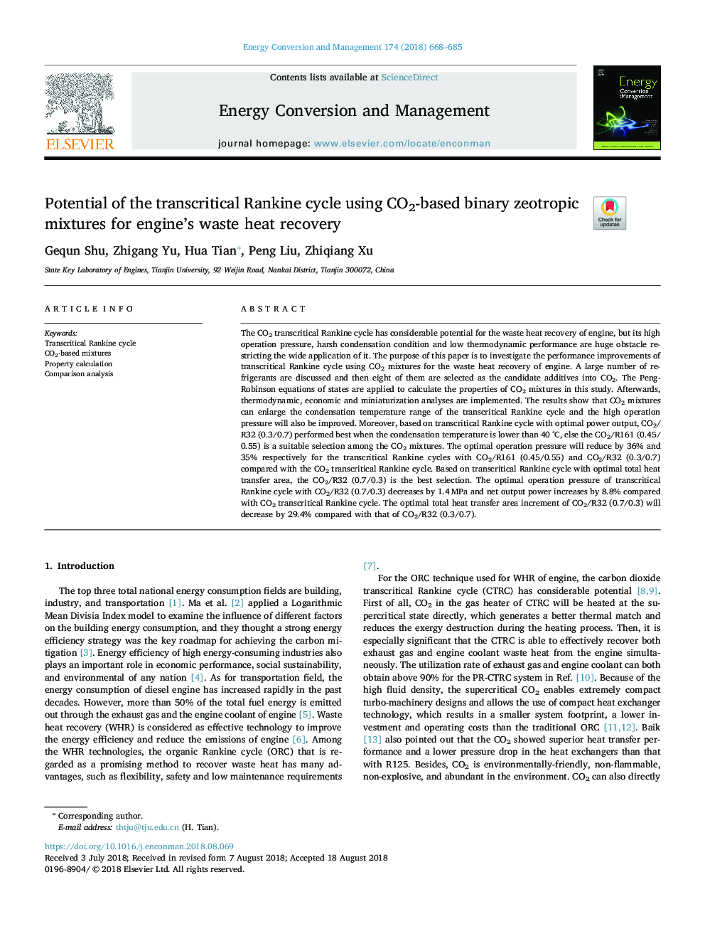 Potential of the transcritical Rankine cycle using CO2-based binary zeotropic mixtures for engine's waste heat recovery