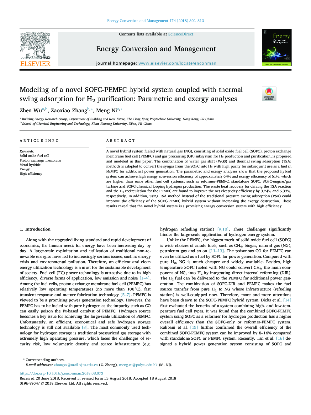 Modeling of a novel SOFC-PEMFC hybrid system coupled with thermal swing adsorption for H2 purification: Parametric and exergy analyses