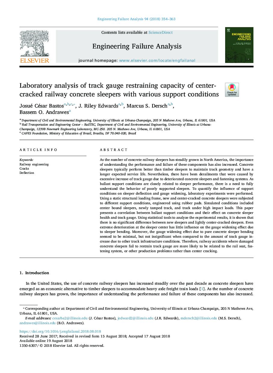 Laboratory analysis of track gauge restraining capacity of center-cracked railway concrete sleepers with various support conditions