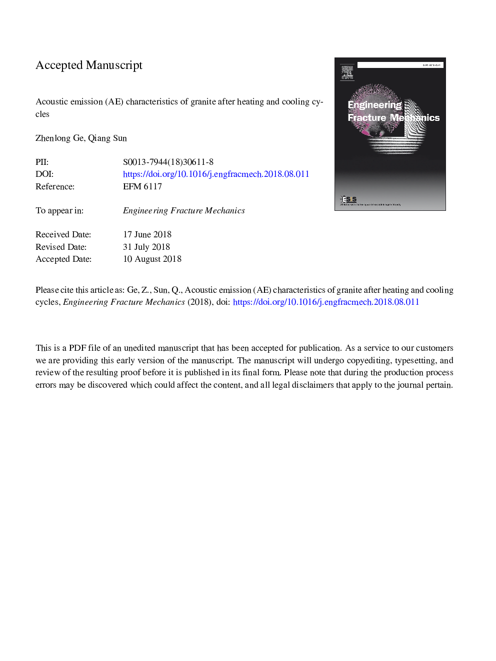 Acoustic emission (AE) characteristics of granite after heating and cooling cycles