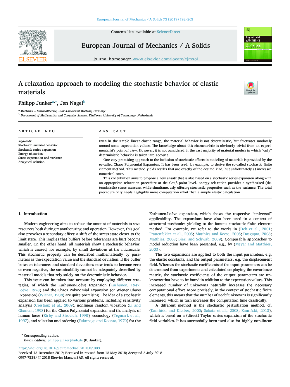 A relaxation approach to modeling the stochastic behavior of elastic materials