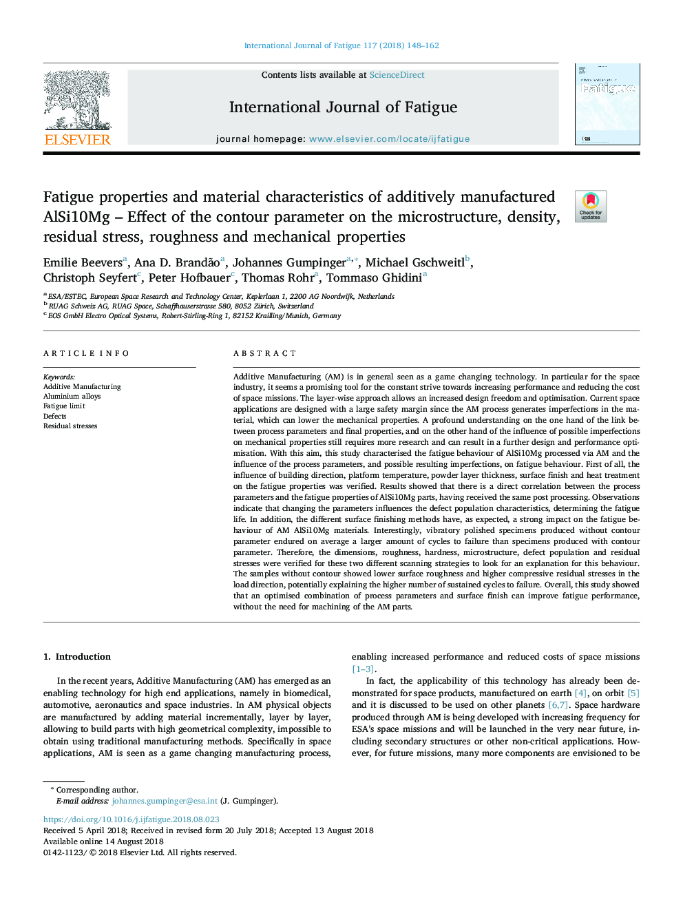 Fatigue properties and material characteristics of additively manufactured AlSi10Mg - Effect of the contour parameter on the microstructure, density, residual stress, roughness and mechanical properties