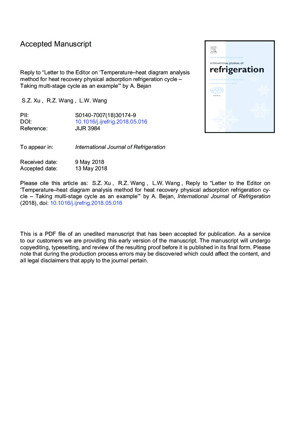 Reply to “Letter to the editor on 'Temperature-heat diagram analysis method for heat recovery physical adsorption refrigeration cycle - Taking multi-stage cycle as an example'” by A. Bejan