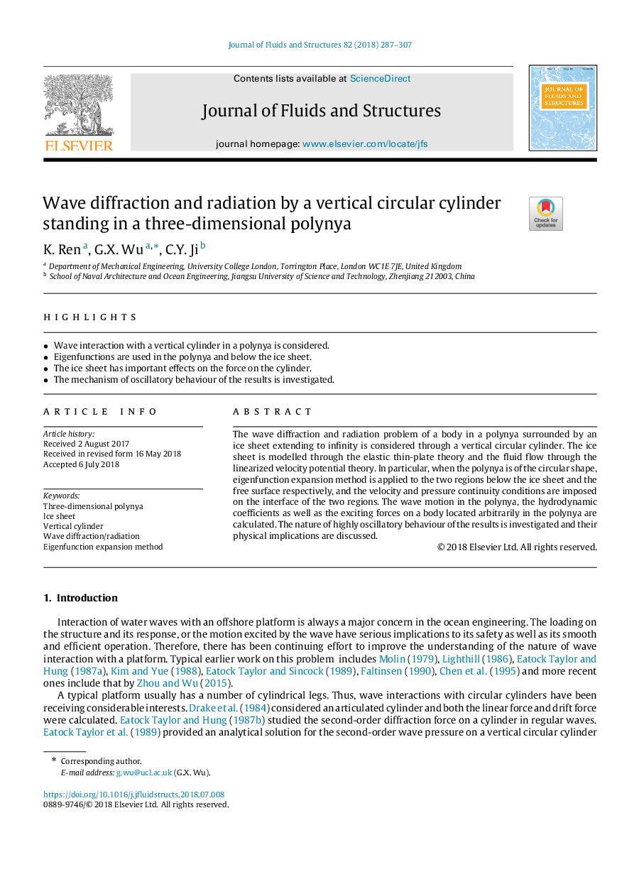 Wave diffraction and radiation by a vertical circular cylinder standing in a three-dimensional polynya