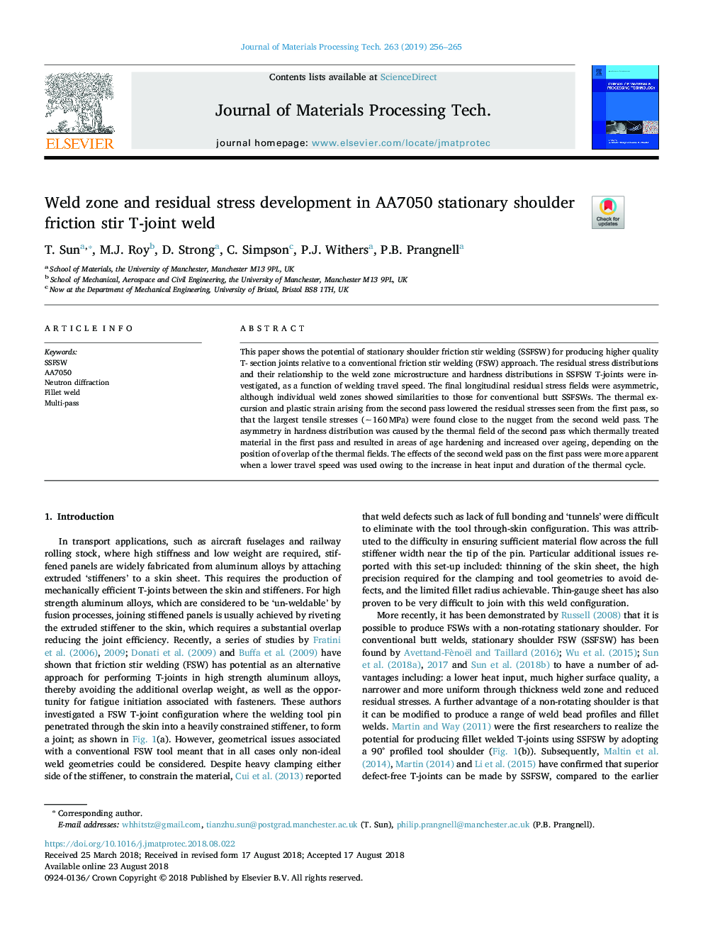 Weld zone and residual stress development in AA7050 stationary shoulder friction stir T-joint weld