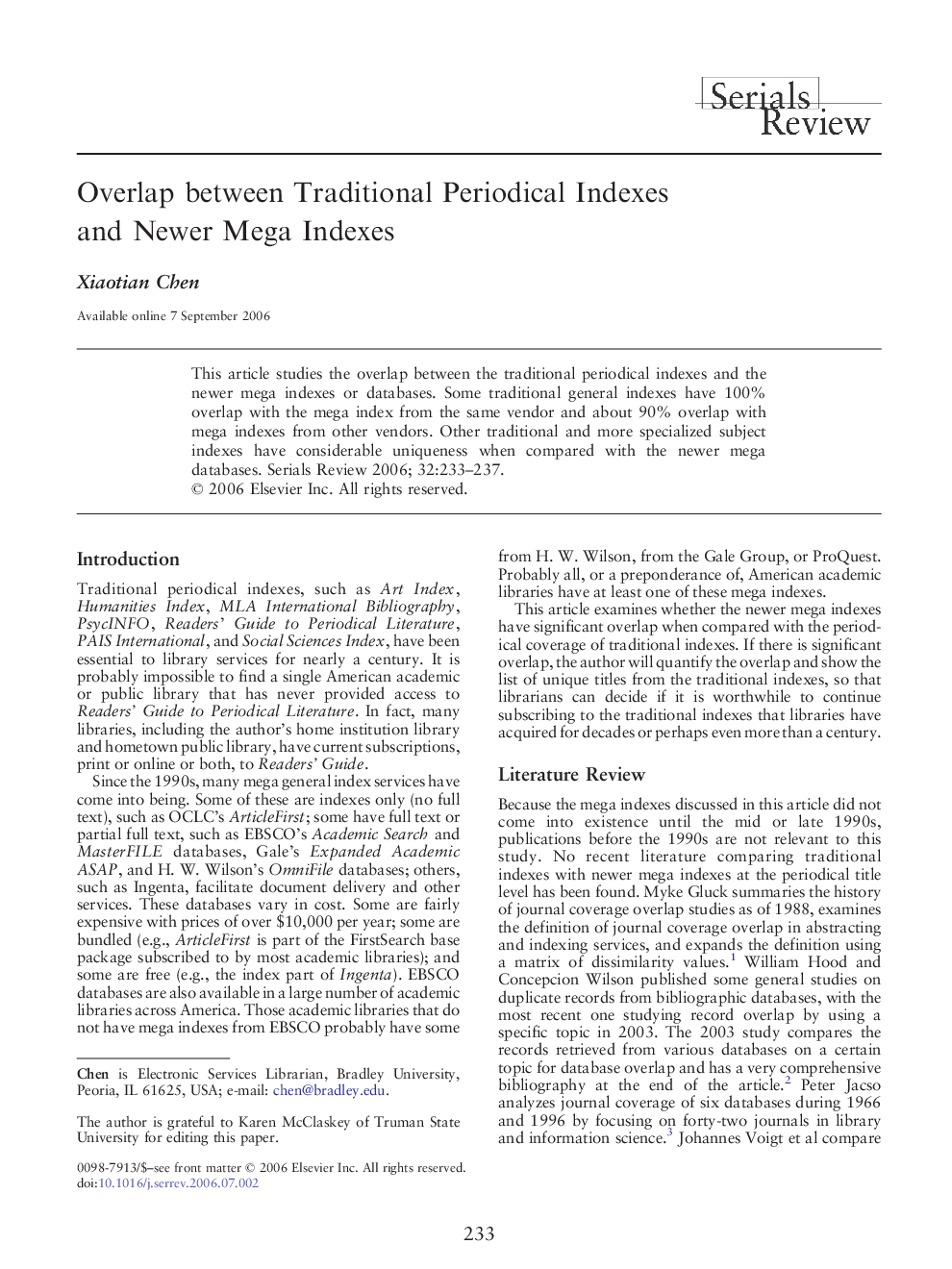 Overlap between Traditional Periodical Indexes and Newer Mega Indexes