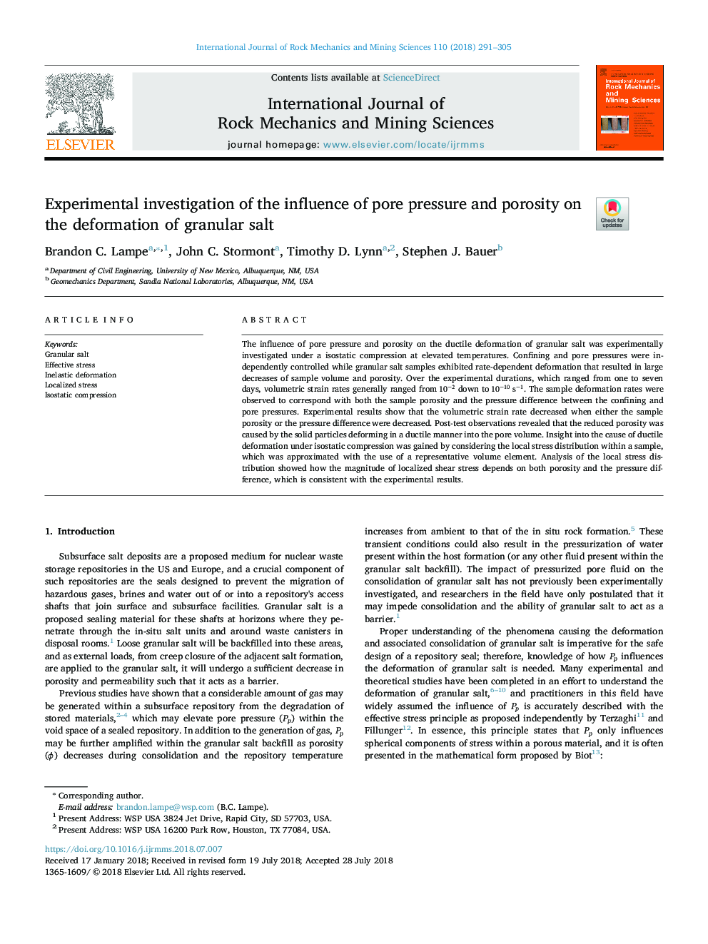 Experimental investigation of the influence of pore pressure and porosity on the deformation of granular salt