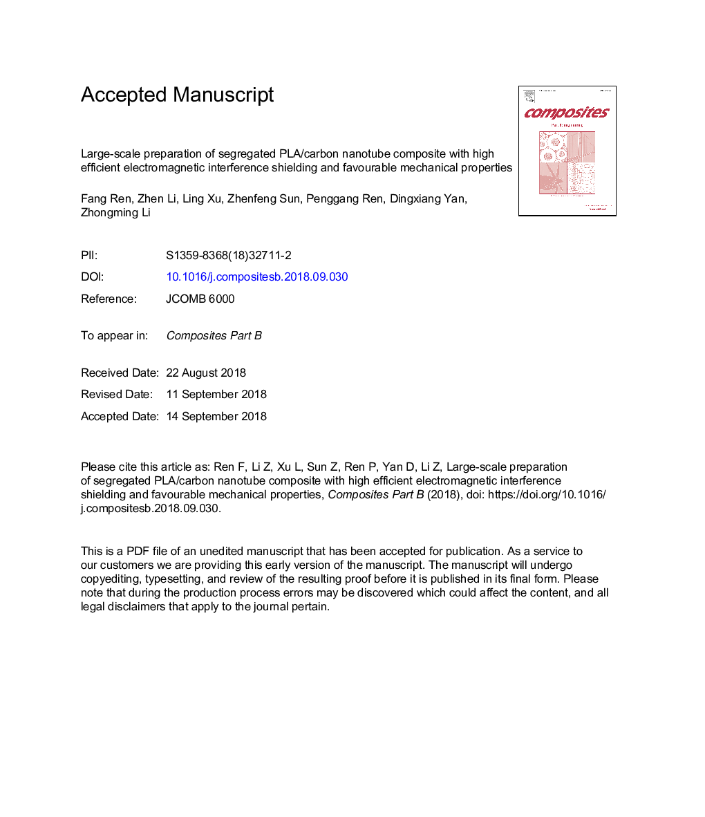 Large-scale preparation of segregated PLA/carbon nanotube composite with high efficient electromagnetic interference shielding and favourable mechanical properties