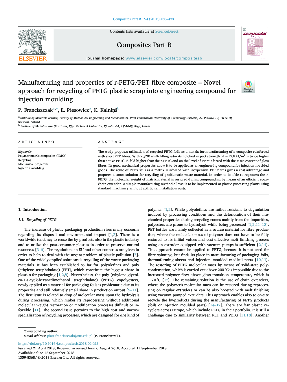 Manufacturing and properties of r-PETG/PET fibre composite - Novel approach for recycling of PETG plastic scrap into engineering compound for injection moulding