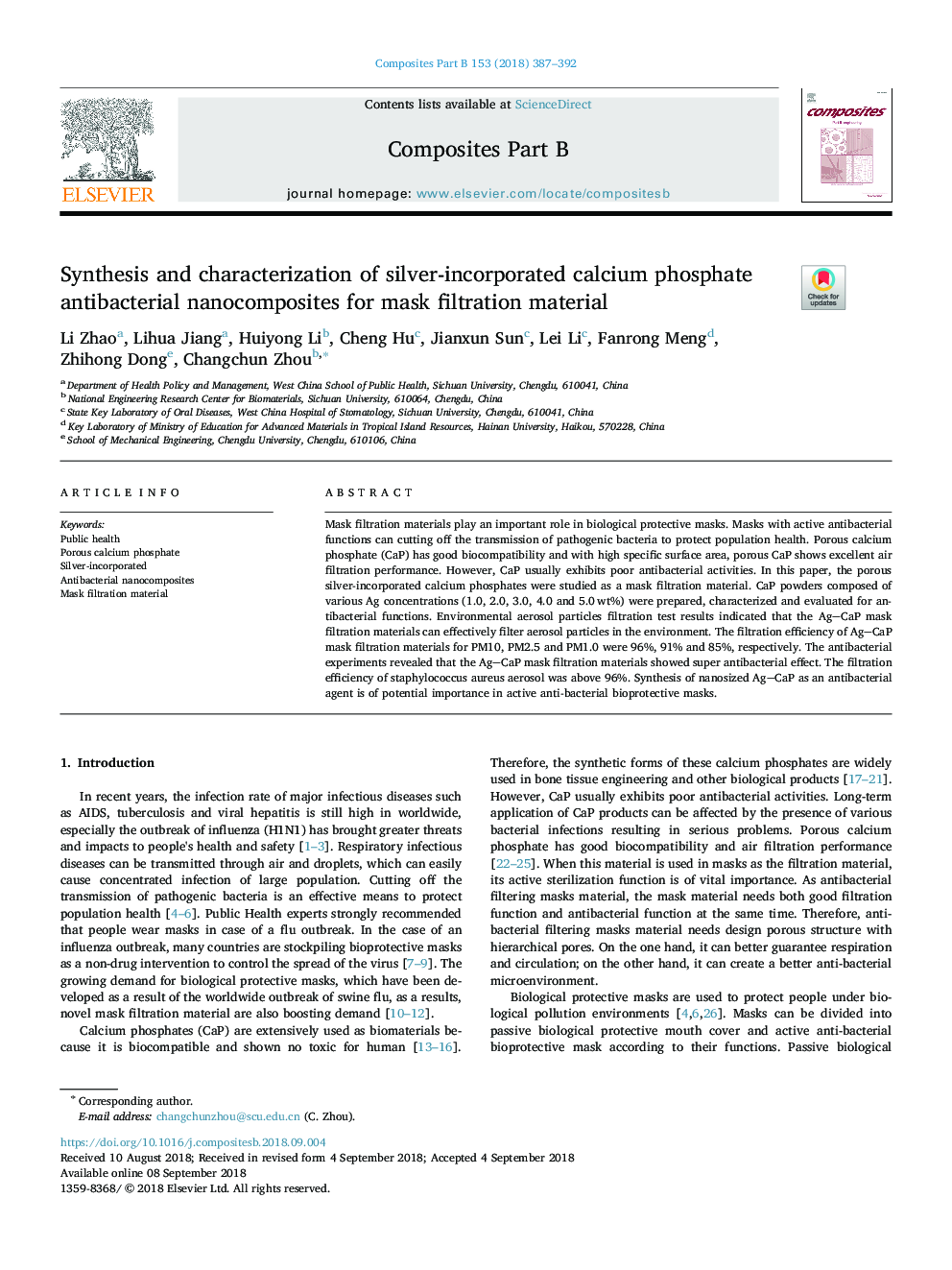 Synthesis and characterization of silver-incorporated calcium phosphate antibacterial nanocomposites for mask filtration material