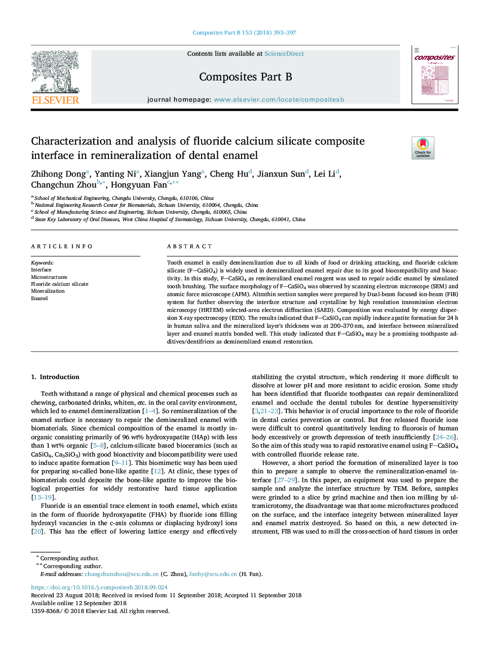 Characterization and analysis of fluoride calcium silicate composite interface in remineralization of dental enamel