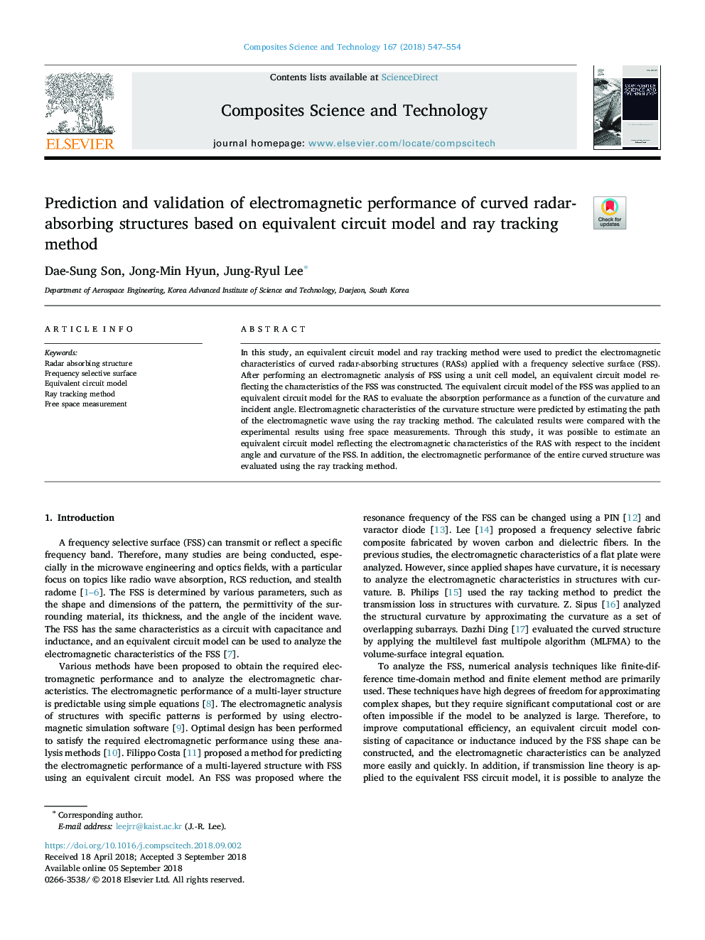 Prediction and validation of electromagnetic performance of curved radar-absorbing structures based on equivalent circuit model and ray tracking method