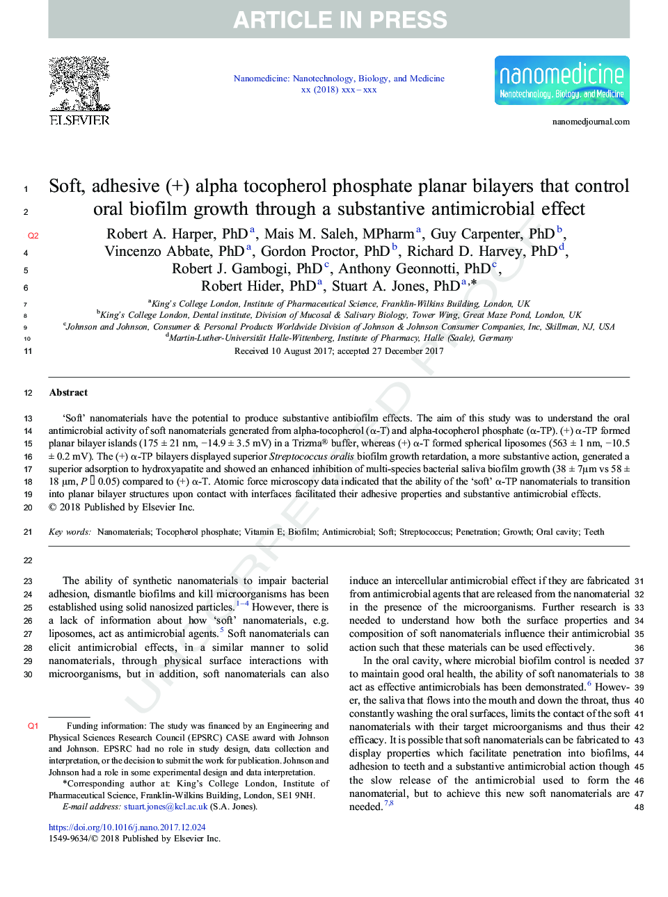 Soft, adhesive (+) alpha tocopherol phosphate planar bilayers that control oral biofilm growth through a substantive antimicrobial effect