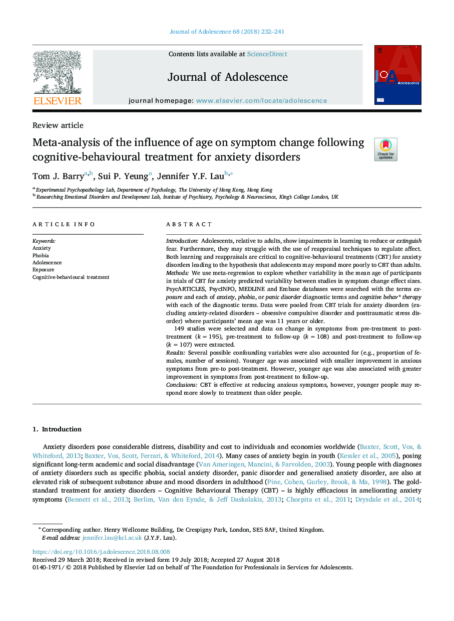 Meta-analysis of the influence of age on symptom change following cognitive-behavioural treatment for anxiety disorders