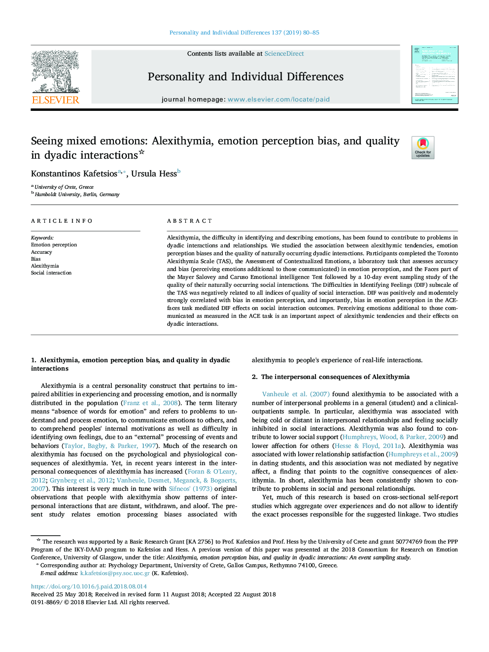 Seeing mixed emotions: Alexithymia, emotion perception bias, and quality in dyadic interactions