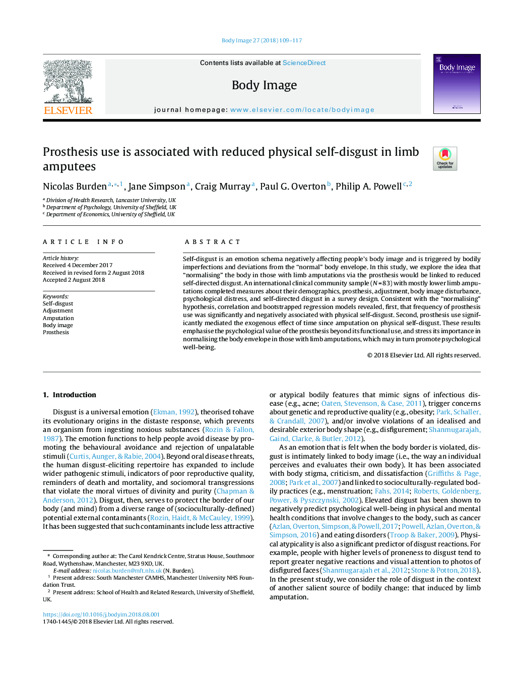 Prosthesis use is associated with reduced physical self-disgust in limb amputees