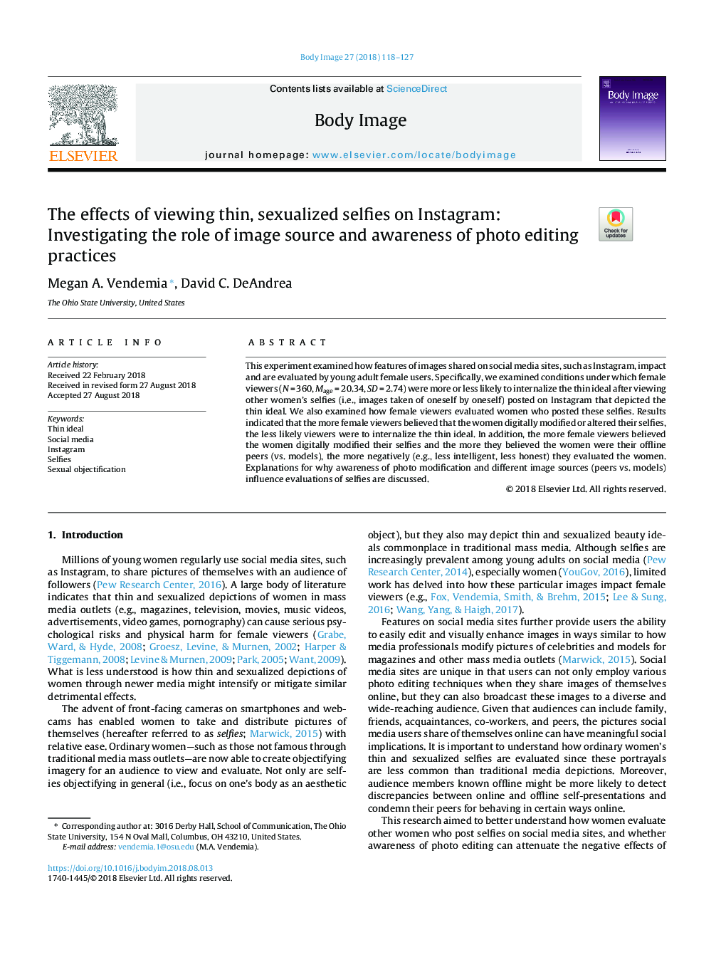 The effects of viewing thin, sexualized selfies on Instagram: Investigating the role of image source and awareness of photo editing practices