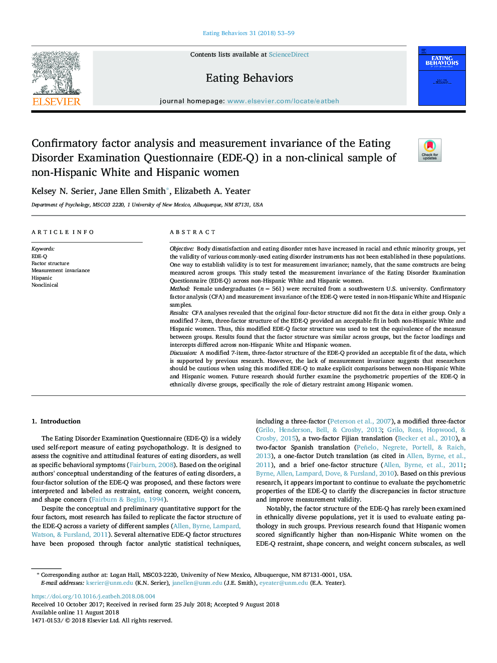 Confirmatory factor analysis and measurement invariance of the Eating Disorder Examination Questionnaire (EDE-Q) in a non-clinical sample of non-Hispanic White and Hispanic women