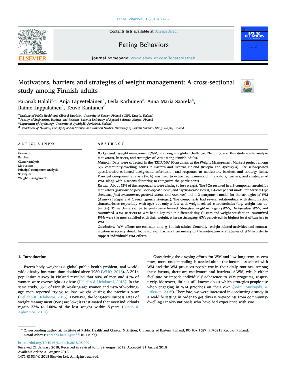 انگیزه، موانع و استراتژی های مدیریت وزن: یک مطالعه مقطعی در میان بزرگسالان فنلاند