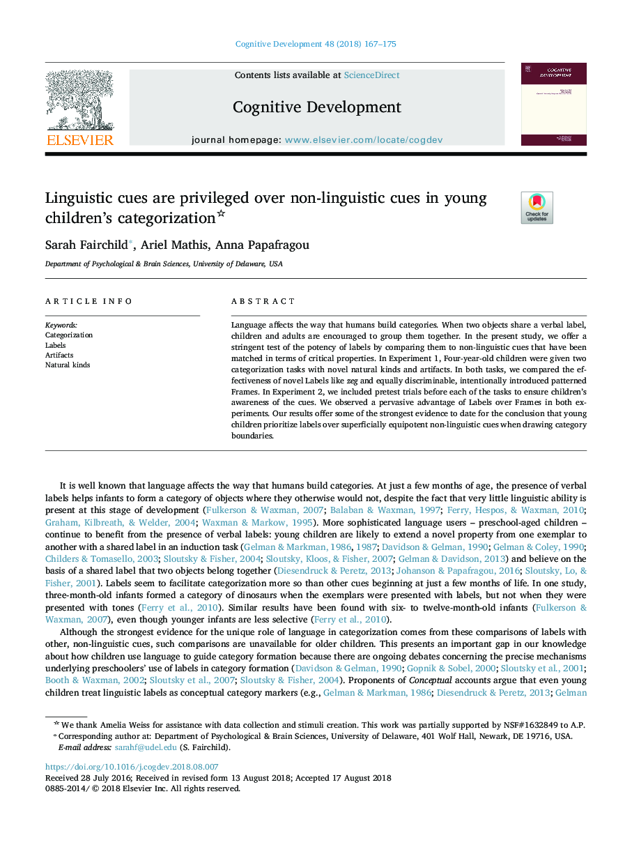 Linguistic cues are privileged over non-linguistic cues in young children's categorization