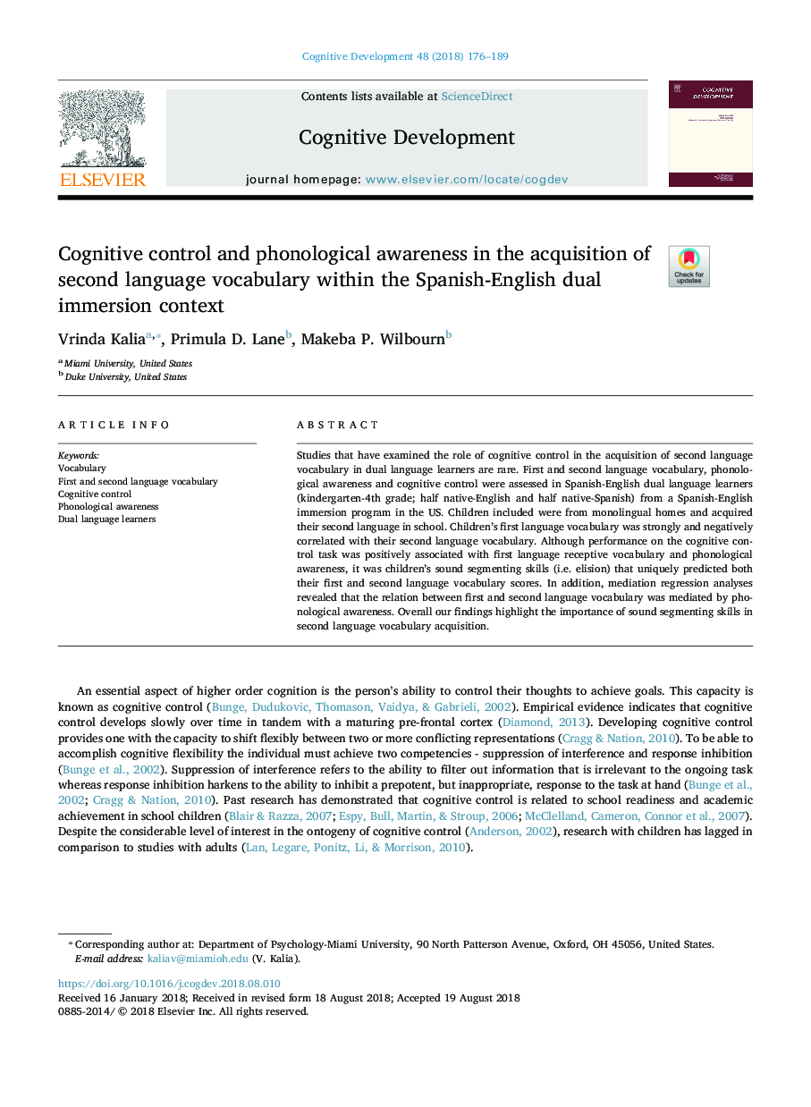 Cognitive control and phonological awareness in the acquisition of second language vocabulary within the Spanish-English dual immersion context