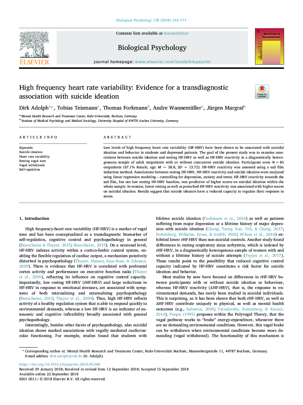 High frequency heart rate variability: Evidence for a transdiagnostic association with suicide ideation