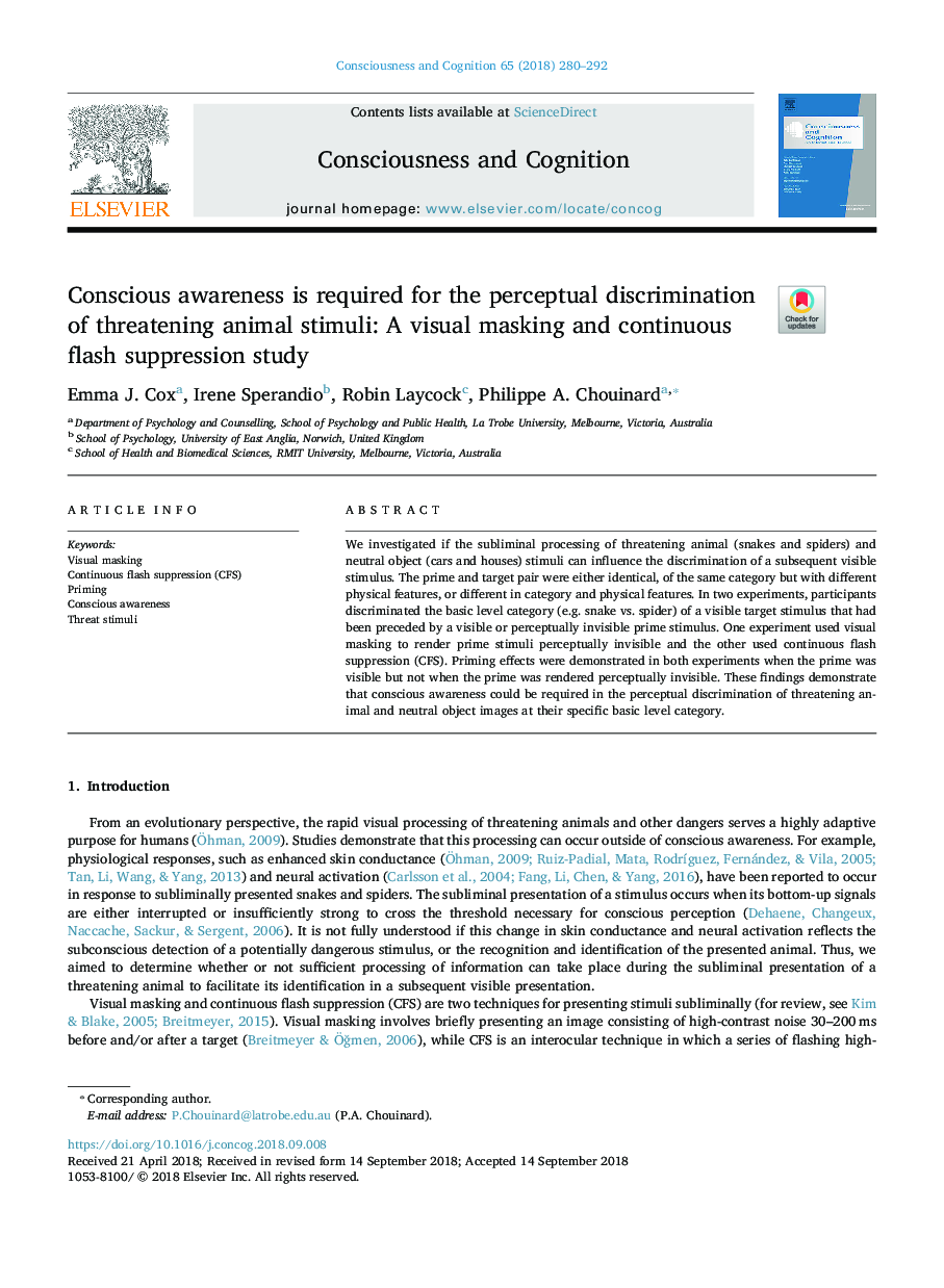 Conscious awareness is required for the perceptual discrimination of threatening animal stimuli: A visual masking and continuous flash suppression study