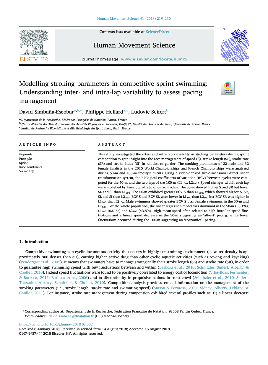 Modelling stroking parameters in competitive sprint swimming: Understanding inter- and intra-lap variability to assess pacing management