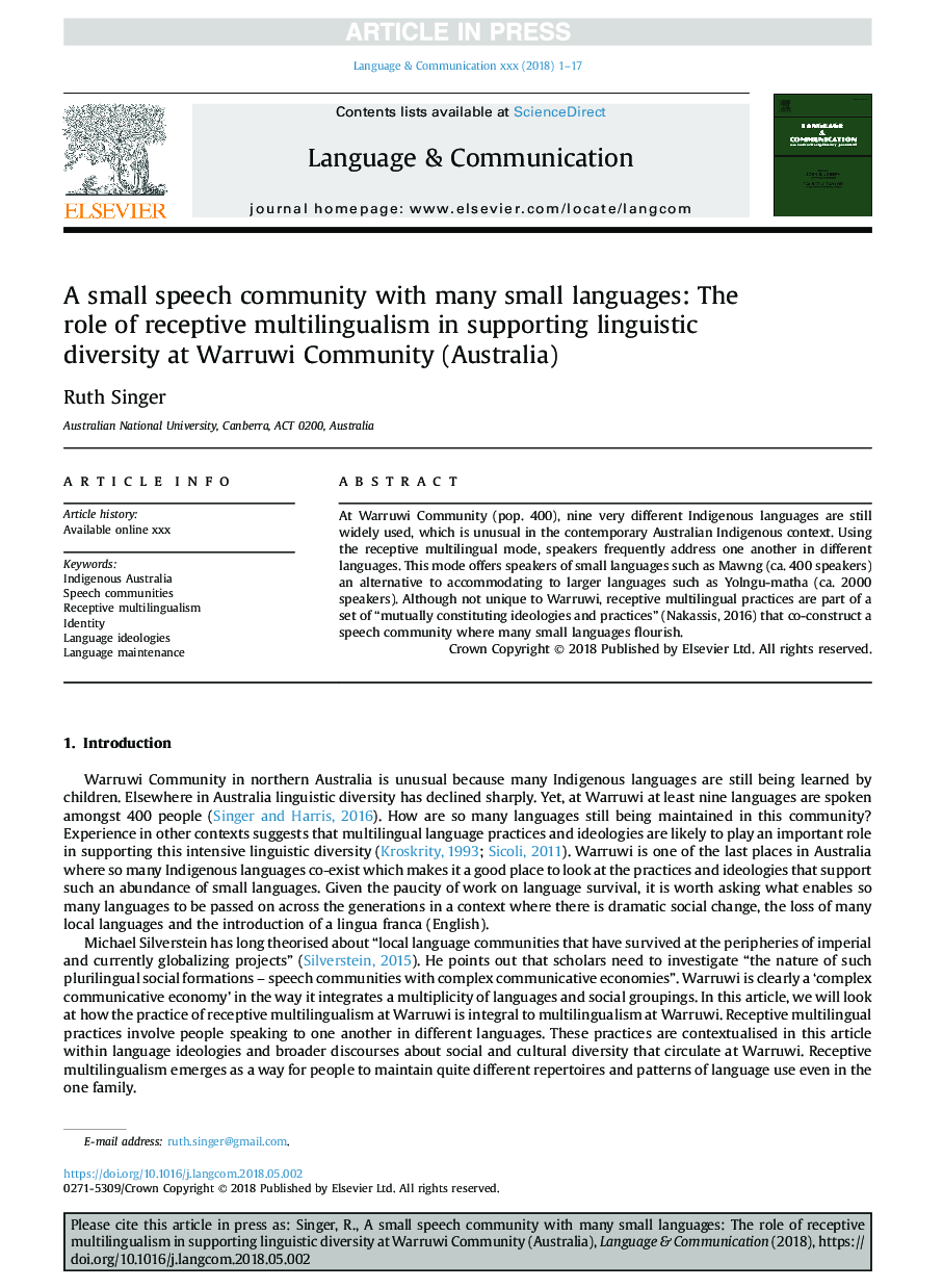 A small speech community with many small languages: The role of receptive multilingualism in supporting linguistic diversity at Warruwi Community (Australia)