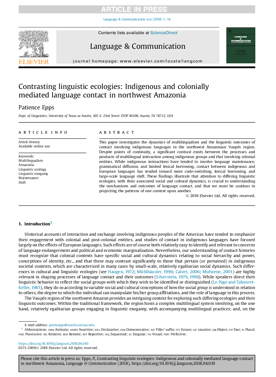 Contrasting linguistic ecologies: Indigenous and colonially mediated language contact in northwest Amazonia