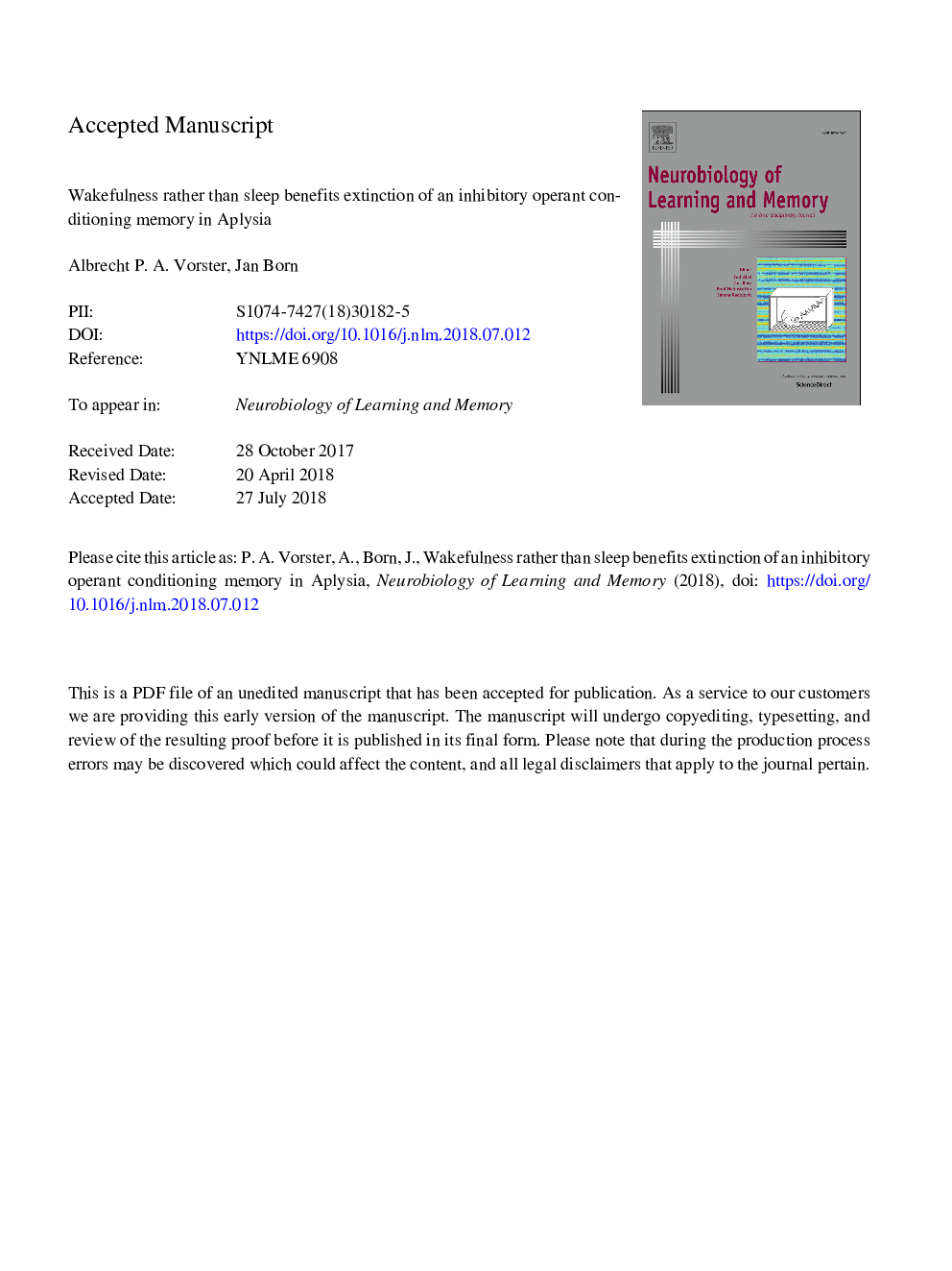 Wakefulness rather than sleep benefits extinction of an inhibitory operant conditioning memory in Aplysia