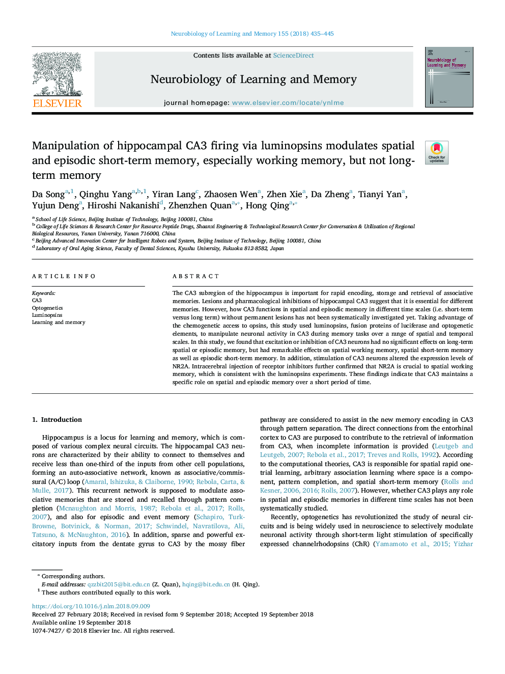 Manipulation of hippocampal CA3 firing via luminopsins modulates spatial and episodic short-term memory, especially working memory, but not long-term memory