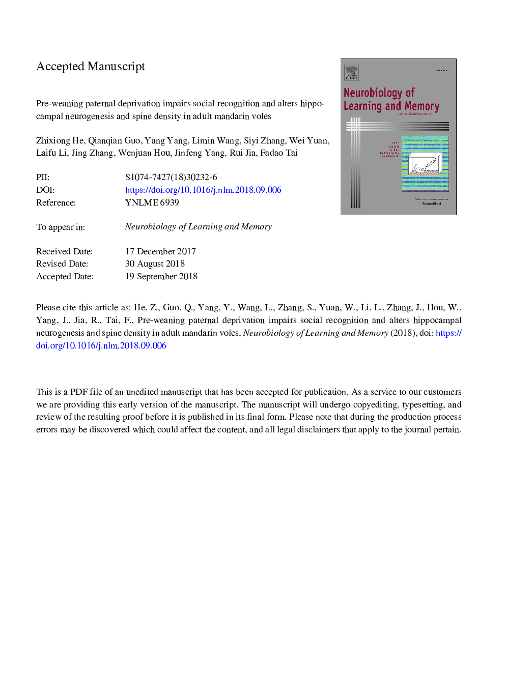 Pre-weaning paternal deprivation impairs social recognition and alters hippocampal neurogenesis and spine density in adult mandarin voles