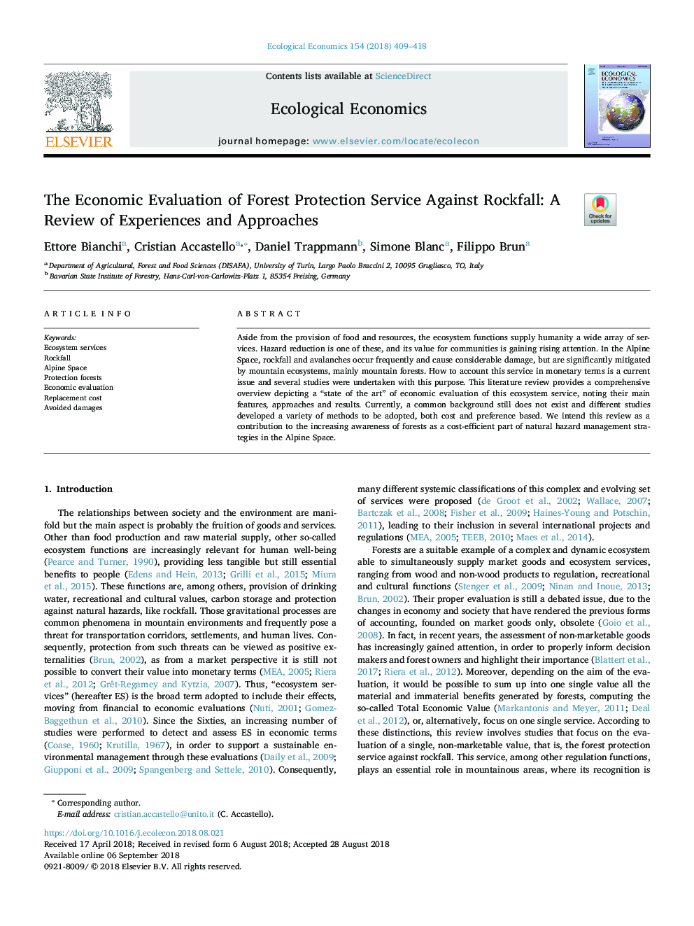 The Economic Evaluation of Forest Protection Service Against Rockfall: A Review of Experiences and Approaches