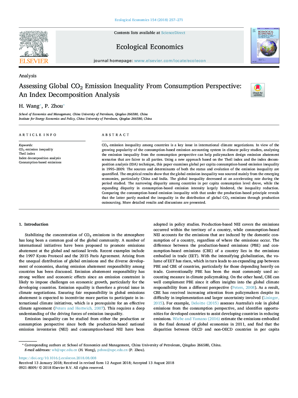 Assessing Global CO2 Emission Inequality From Consumption Perspective: An Index Decomposition Analysis