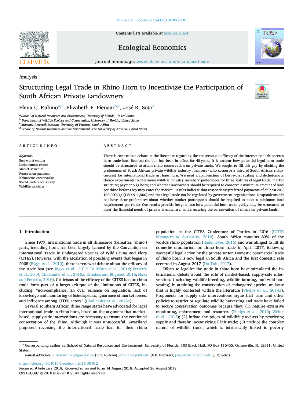 Structuring Legal Trade in Rhino Horn to Incentivize the Participation of South African Private Landowners