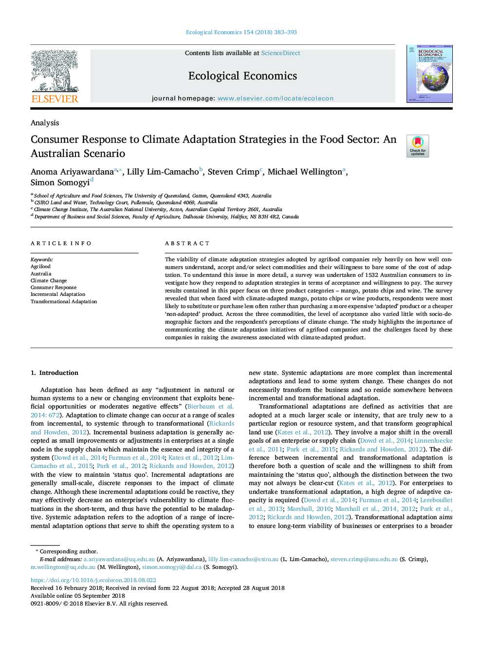 Consumer Response to Climate Adaptation Strategies in the Food Sector: An Australian Scenario