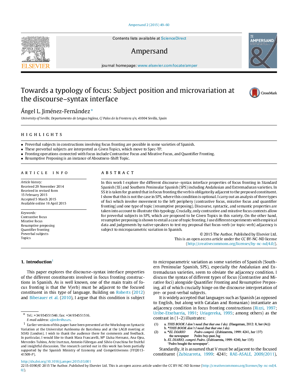 Towards a typology of focus: Subject position and microvariation at the discourse–syntax interface