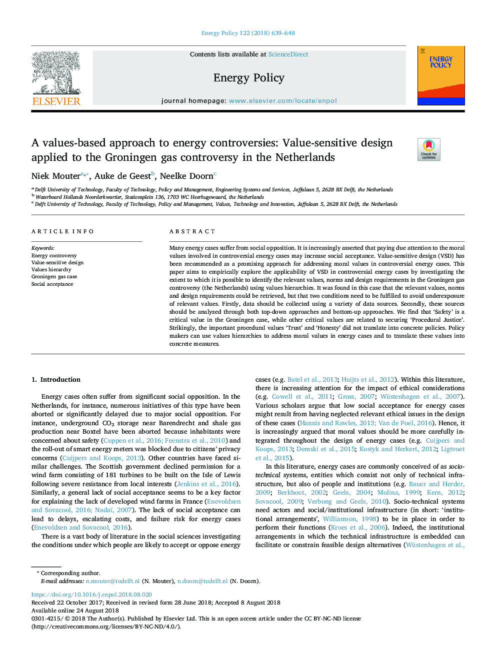 A values-based approach to energy controversies: Value-sensitive design applied to the Groningen gas controversy in the Netherlands