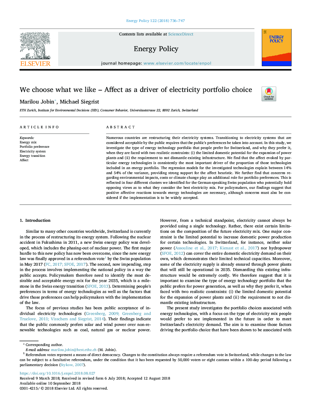 We choose what we like - Affect as a driver of electricity portfolio choice