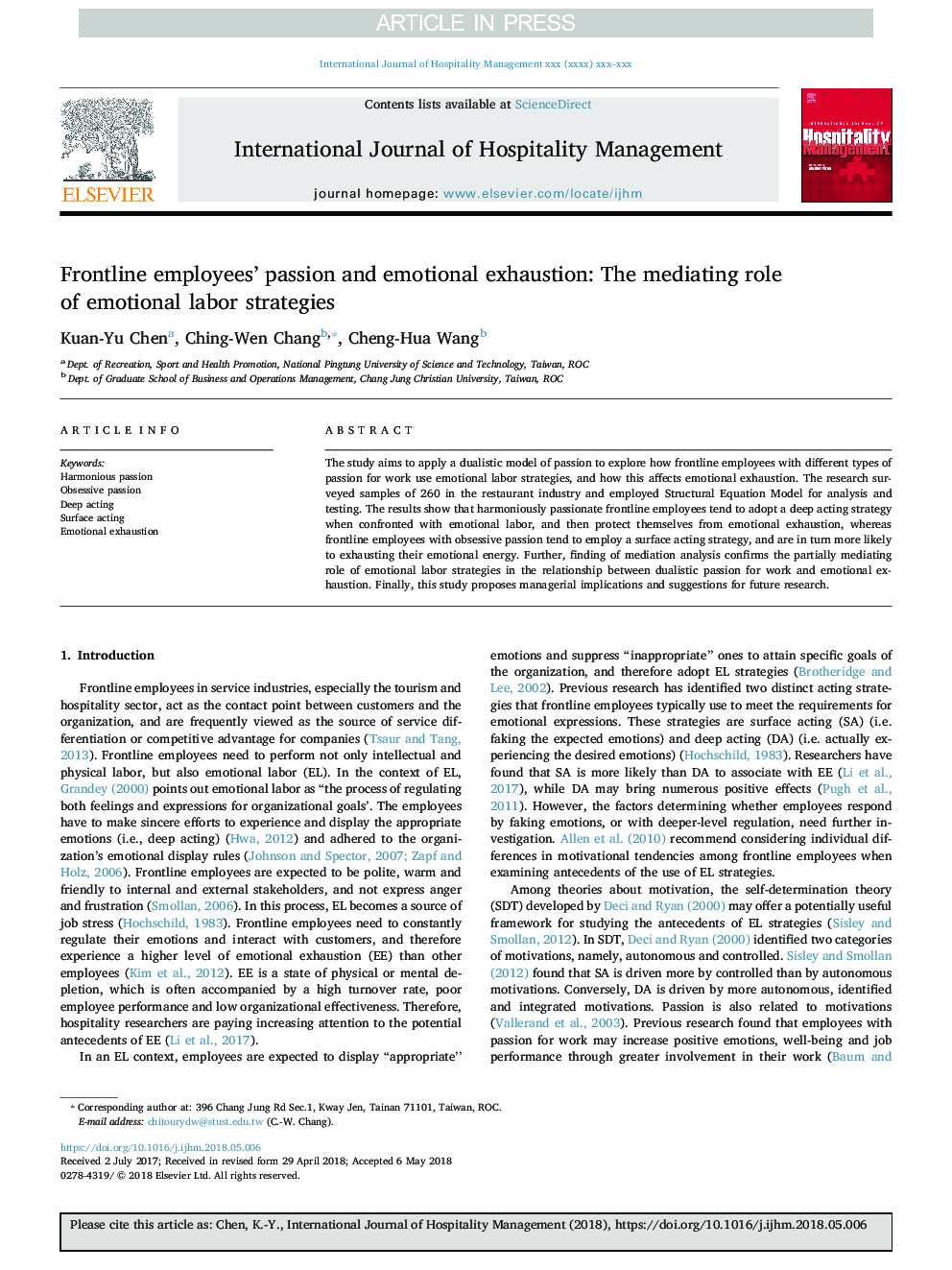 Frontline employees' passion and emotional exhaustion: The mediating role of emotional labor strategies